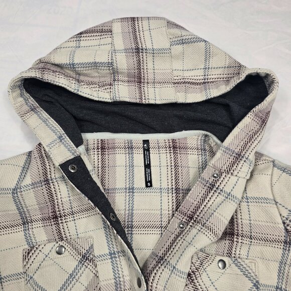 Kuhl Shirt Jacket Shacket Womens Small Beige Plaid Kleo Grunge Hooded Snap Heavy - Picture 4 of 14